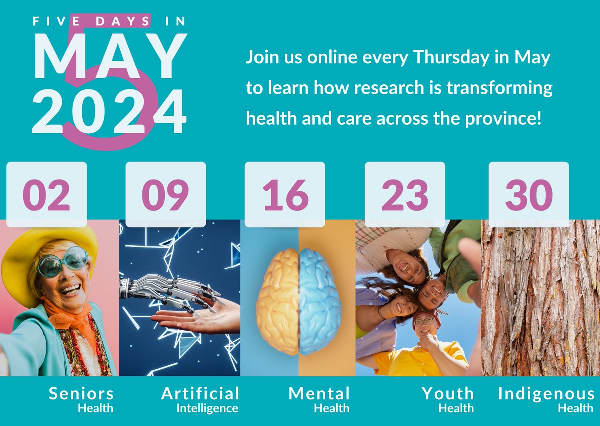 Register today for Five Days in May 2024, BC's annual health research showcase! Learn about the latest in #SeniorsHealth, #AI, #MentalHealth, #YouthHealth, and #IndigenousHealth. All events take place via Zoom every Thursday (12 – 2:30 pm.)