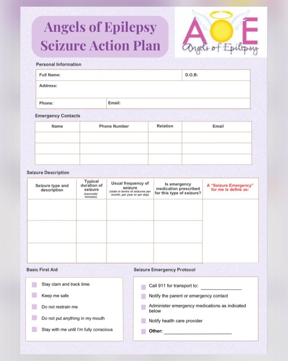 Do you have a seizure action plan for yourself or someone you know? Angels of Epilepsy Seizure Action Plan stands as a personalized roadmap for individuals and their support networks. Get yours today! 💜 angelsofepilepsy.org/angels-of-epil…