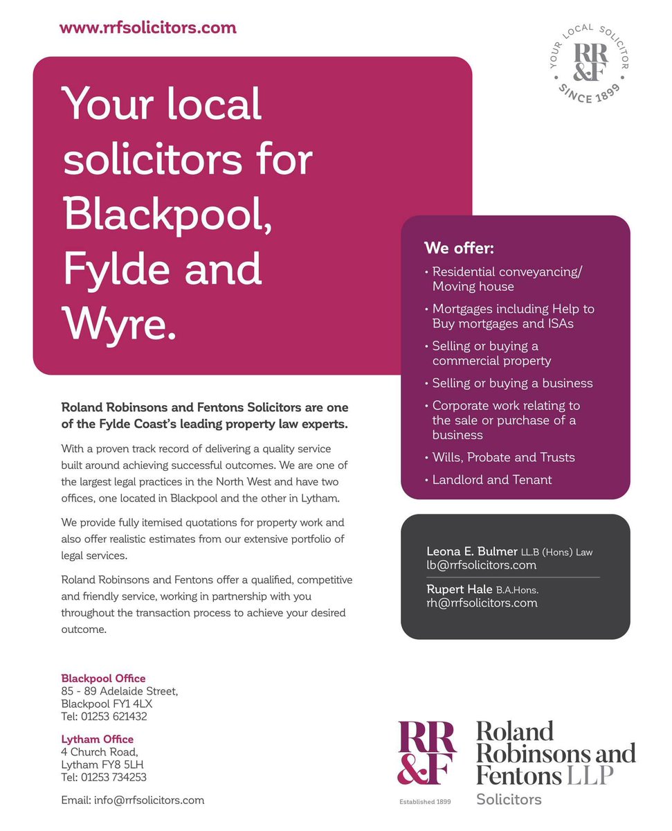Your local solicitors for #blackpool, #fylde and #Wyre - Roland Robinson and Fentons LLP.
They are one of the Fylde Coast’s leading property law experts.

#solicitors #local #movinghouse #property #mortgage #buying #selling #FyldeCoast #propertylaw