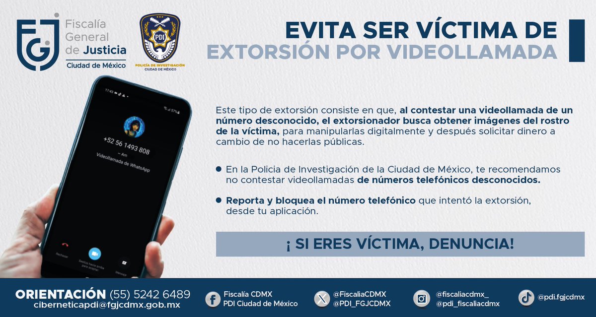 Si recibes videollamadas de desconocidos, no respondas, puedes ser víctima de un delito cibernético. #Denuncia #PolicíaCibernéticaPDI