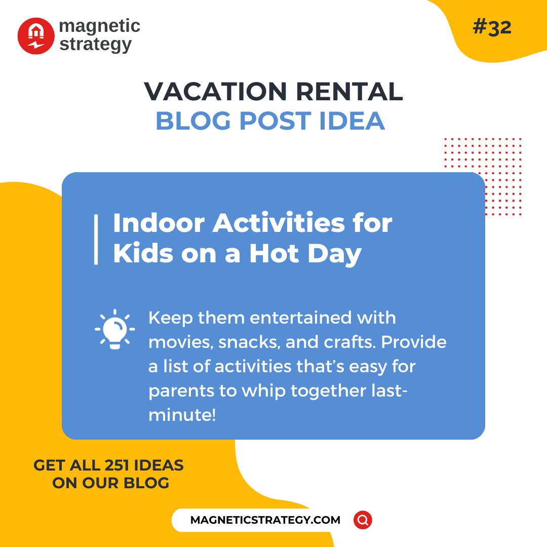 Keep them entertained with movies, snacks, and crafts. Provide a list of activities that's easy for parents to whip together last-minute! 

#vacationrentals #vacationrentalmanagers #vrm #shorttermrentals #propertymanagers #propertymanagement #airbnb #vrbo #blogging #contentideas