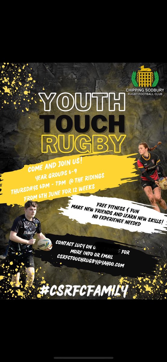 Something new in the summer for youth players.. Youth Touch Rugby.. 🏉 from June 6th for 12 weeks… @swsportsnews @GRFUrugby @BSDistrictRugby @local_rugby @fyb_rugby @KLBSport @CSSSch @YateAcademyPE @BrimshamGS