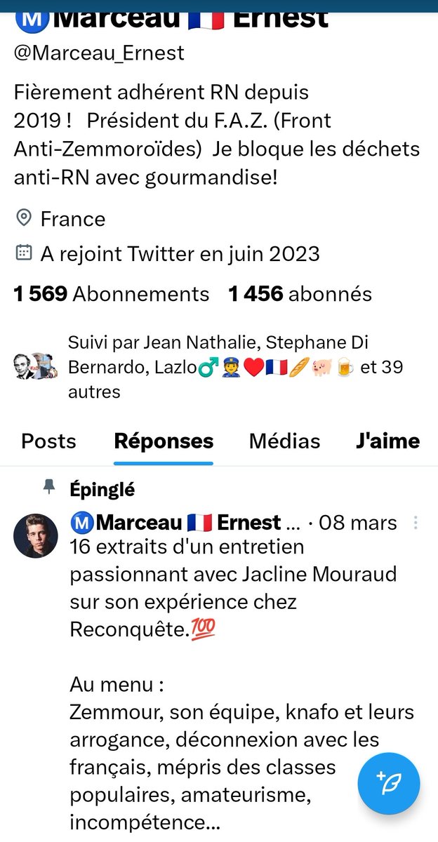 👋 J'invite ma toile à aller voir ce compte
@Marceau_Ernest
Une personne qui se dit #Patriotes et qui passe son temps à cracher sur @Reconquete_off
Je suis @RNational_off
Mais je pense avoir acheter un🧠
#TeamPatriotes
#jambonbeurre
Même combat #RemettreLaFranceEnOrdre
🇫🇷 🇫🇷 🇫🇷