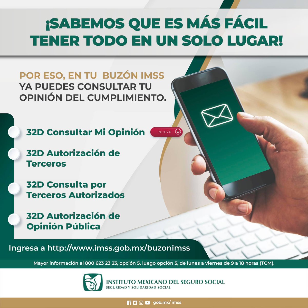 👉🏼 ¡Sabemos que es más fácil tener todo en un solo lugar! ➡️ Por eso, en tu #BuzónIMSS ya puedes consultar tu Opinión del Cumplimiento. 📲 imss.gob.mx/buzonimss