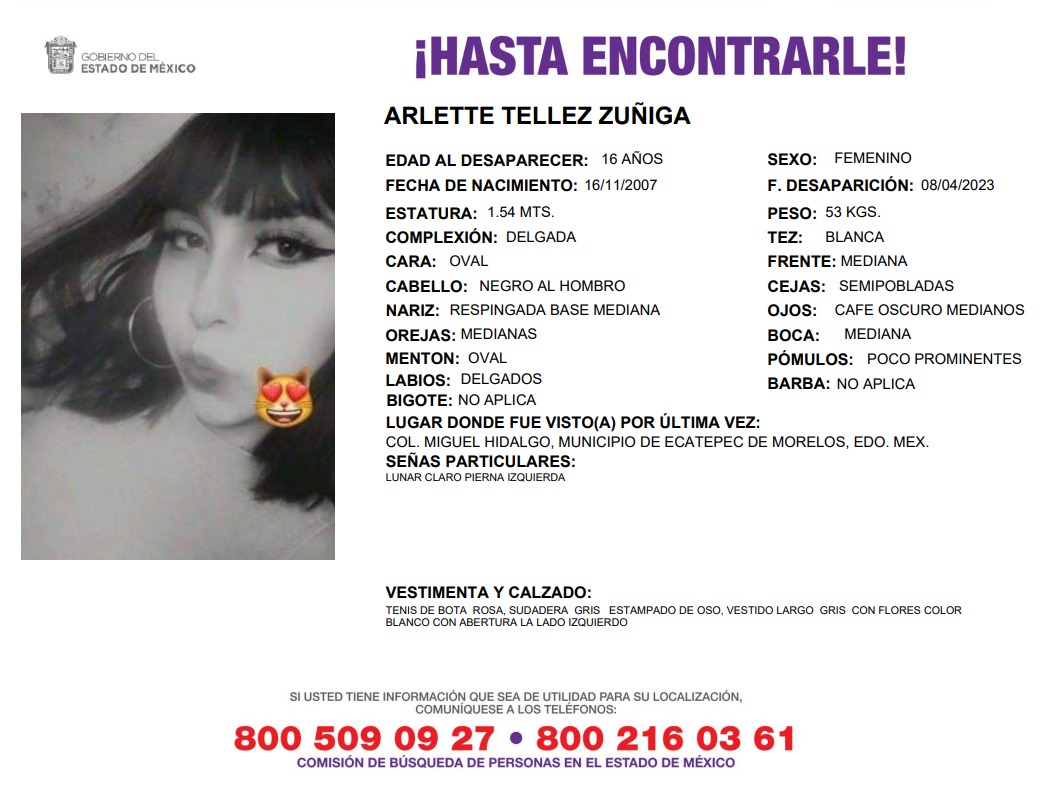 Solicitamos de tu apoyo en difusión para dar pronta localización a Arlette Téllez Zúñiga, comunícate a los teléfonos de COBUPEM 800 216 0361, 800 509 0927. #TodosEnLaBúsqueda