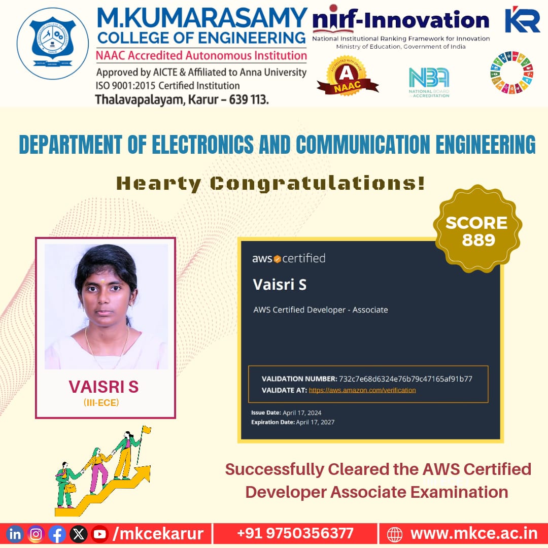 Congratulations to Vishwa S, Vinotha P, and Vaisri S from the Electronics and Communication Engineering Department for acing their AWS Certified Developer Associate exam! 

#MKCE #MKCEkarur  #AWSCertifiedDeveloperAssociate #ECEAchievement #CloudComputingMastery #TechAdvancement