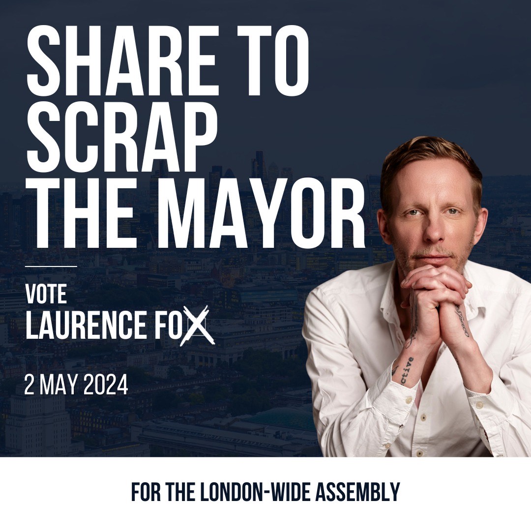 London is failing. The Mayoralty is failing London. • Our streets are more dangerous • ULEZ makes travel more expensive • There’s a housing crisis • We have two-tier policing Over 30% of Londoners want to SCRAP THE MAYOR @lozzafox is the ONLY candidate standing to SCRAP…
