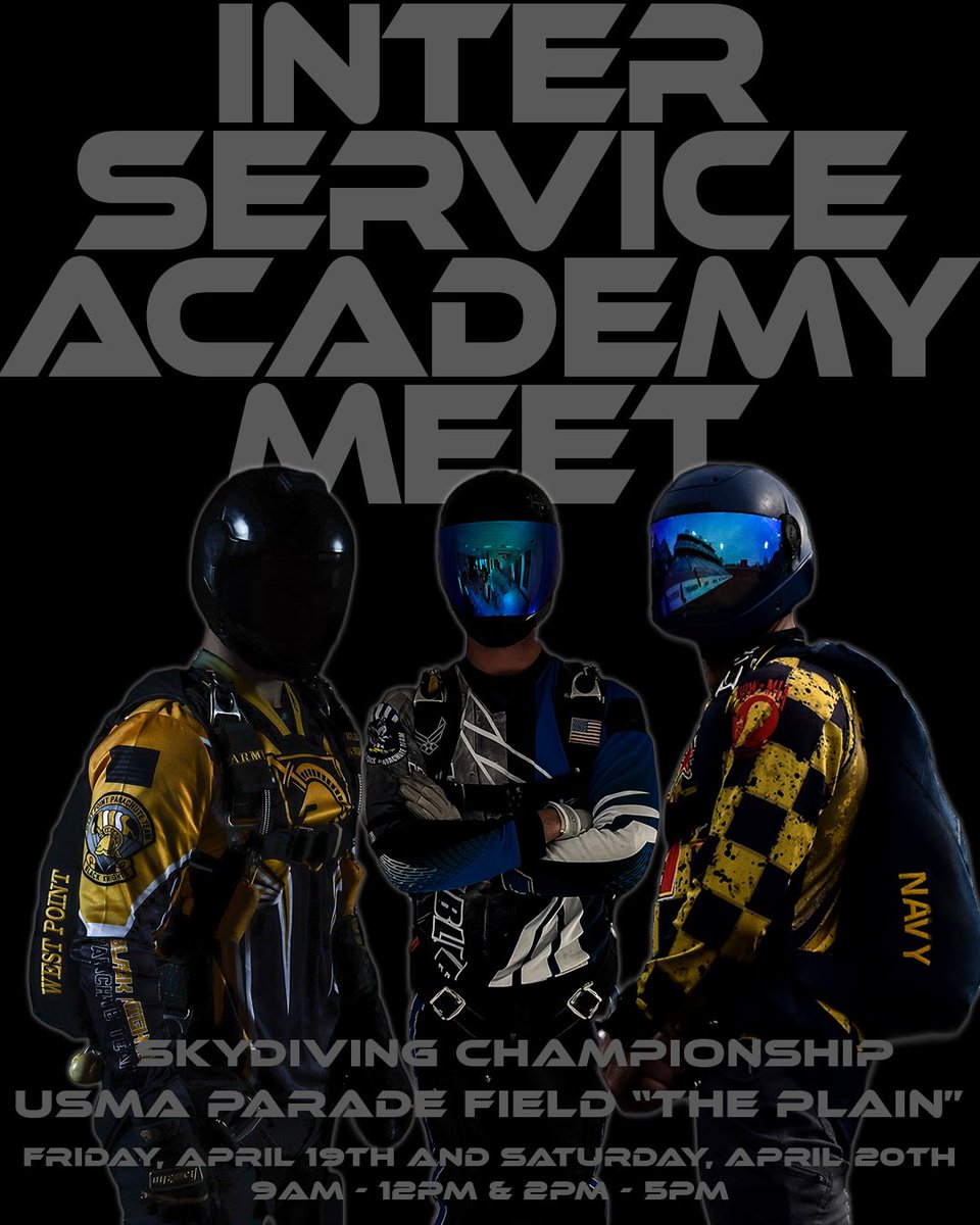 YOUR Army West Point Parachute Team will host @AF_Academy and @NavalAcademy Parachute Teams for the annual Inter-Service Academy Meet! 📍The Plain - USMA Parade Field 📆Fri, April 19 & Sat, April 20 ⏰9 am-Noon & 2-5 pm JOIN US! Meet friends from @RoyalNavy Skydiving visiting