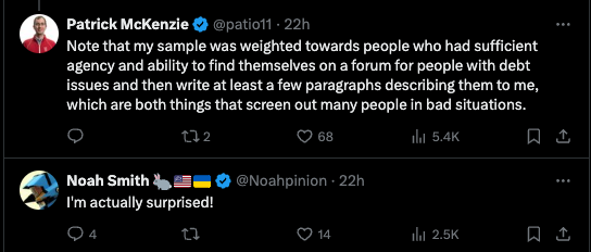 Smart ppl reacting to our medical debt study 'This is, unfortunately, not very surprising' (@patio11 ) 'I'm actually surprised!' (@Noahpinion) Think this means we're sharpening our collective prior 😊😊😊 NYT: nytimes.com/2024/04/08/sci… Study: nber.org/papers/w32315