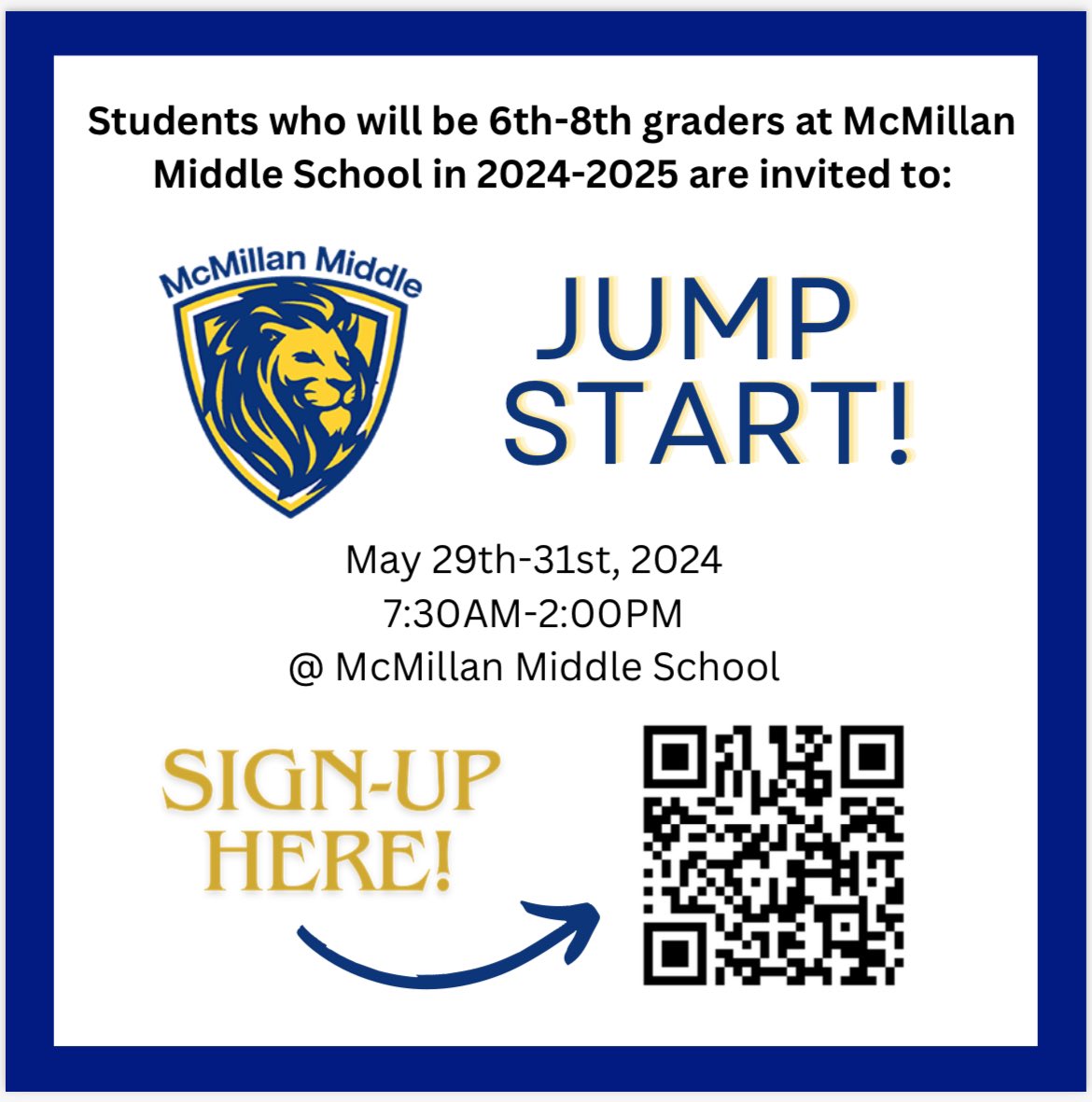 🚨Calling all future Monarchs!🚨

Please scan the QR or click on the link to sign up for JUMP START for McMillan Middle! We look forward to getting all ready to be a part of our community! Register by 4/19 to be eligible for 🚌!

forms.office.com/r/NmpLJ7YTgd

#MonarchProud #OPSProud🦁