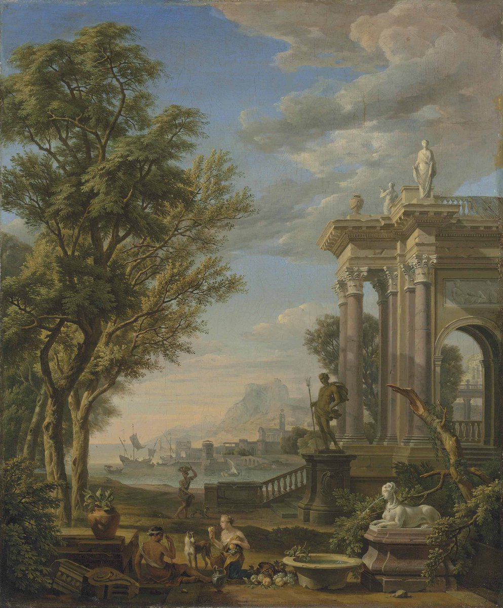 A Mediterranean harbour with classical ruins, a figure of Neptune and a fountain in the foreground