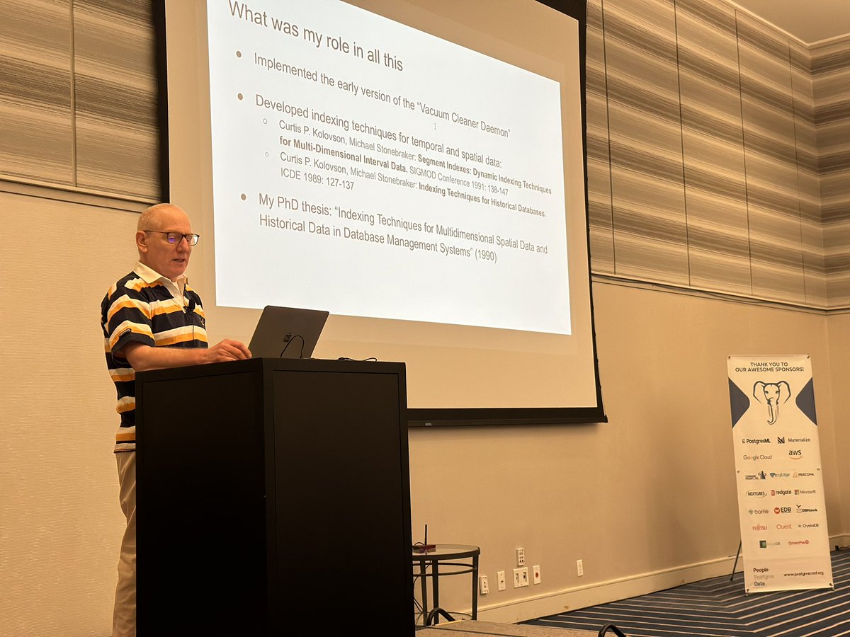 Curt Kolovson kicked off the second day at @postgresconf by sharing the story of his contribution to the most hated feature of Postgres and thoughts/progress on the temporal data support in the database.