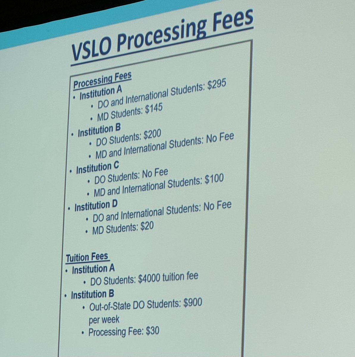 We continue to see institutions charge DO students more for visiting rotations? #MedEd #VSLO #AAMC #AACOM #EducatingLeaders24 #MedStudentTwitter @UFMedicine @CUAnschutz @AACOMmunities @AOAforDOs @AAMCtoday @NBOME