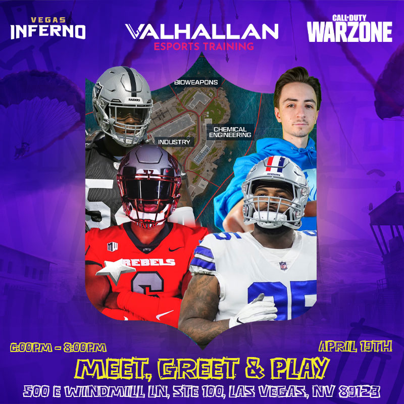 Join us tomorrow at 6:00pm for the @702Valhallan Call of Duty Warzone Meet & Play event!!! Come meet and play with @BMarshh ,@BigTimeHank ,@hajj_tripping, @Ebatez_ and some more professional athletes!! 🏈❌🎮 📍500 E Windmill LN, STE 100, LAS VEGAS NV 89123 📲Call Valhallan to