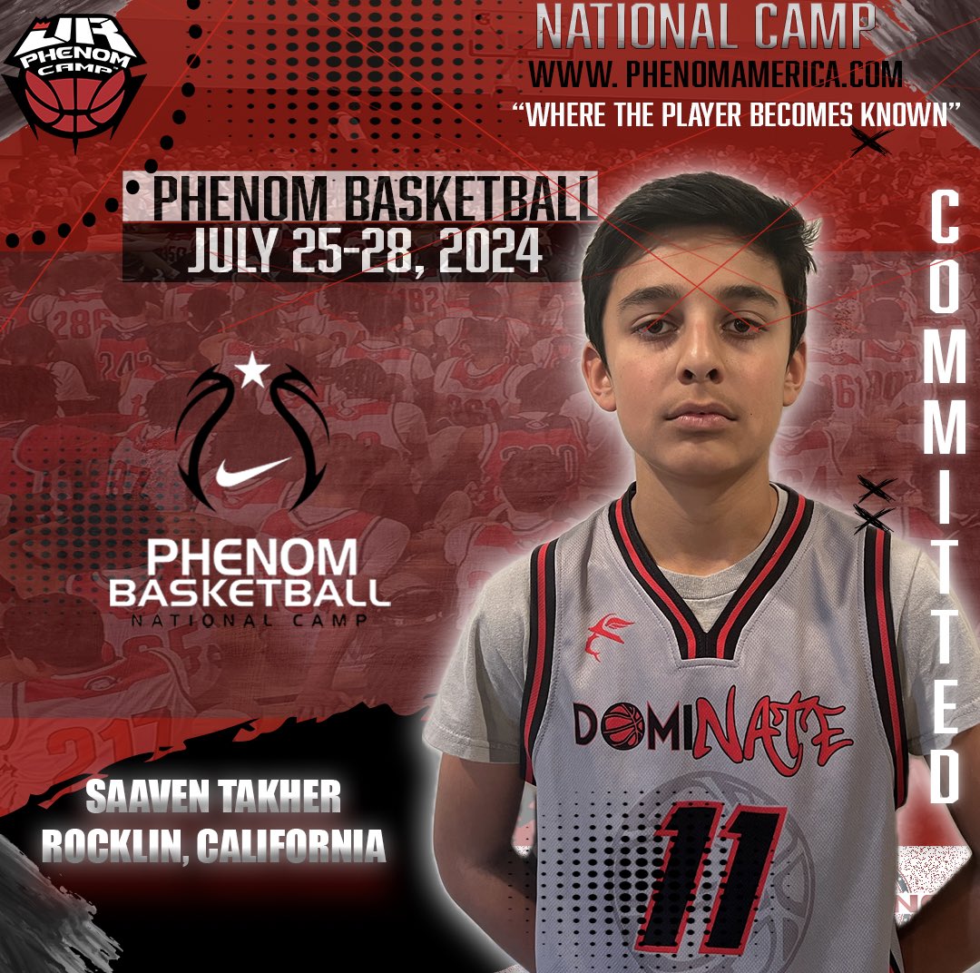 Phenom Basketball is excited to announce that Saaven Takher from Rocklin, California will be attending the 2024 Phenom National Camp in Orange County, California on July 25-28!
.
.
#wheretheplayerbecomesknown
#PhenomAmerica #PhenomNationalCamp #Phenom150 #jrphenomcamp