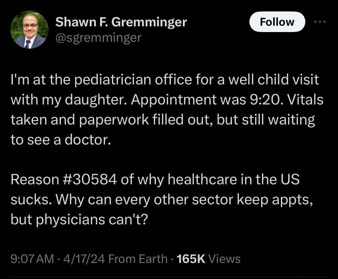 Reasons I run late (CW):
- teen discloses abuse or SI
- teen presents with new depression
- the previous patient checks in late but before the grace period
- the patient or parent cries mid-convo

These are not rare experiences in adolescent med. This is almost daily.