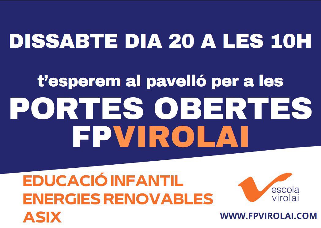 Dissabte 20 d’abril a les 10.00 h, #PortesObertes de @fpvirolai dels cicles: 👇👀

- Educació Infantil
- Energies Renovables
- ASIX

#OrientacióProfessional