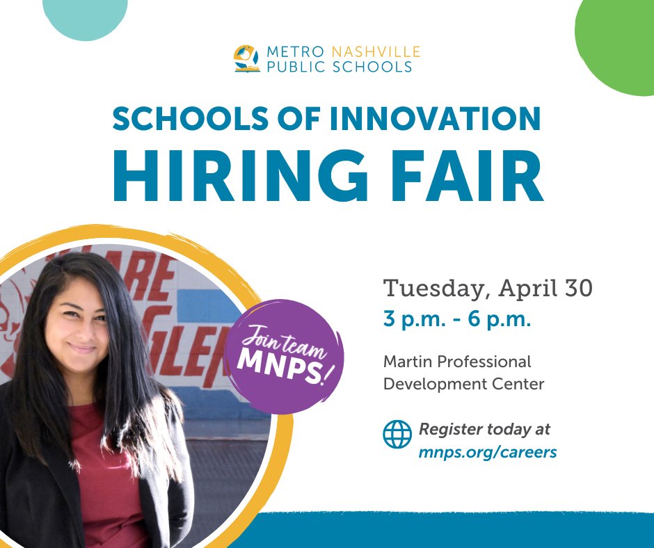 #MNPSCareers: We're hiring teachers, librarians, classroom associates and more for our Schools of Innovation, which are dynamic schools with creative curriculums. Register for the April 30 Job Fair today. We've posted all the details: mnps.org/news/featured-… #TeamMNPS