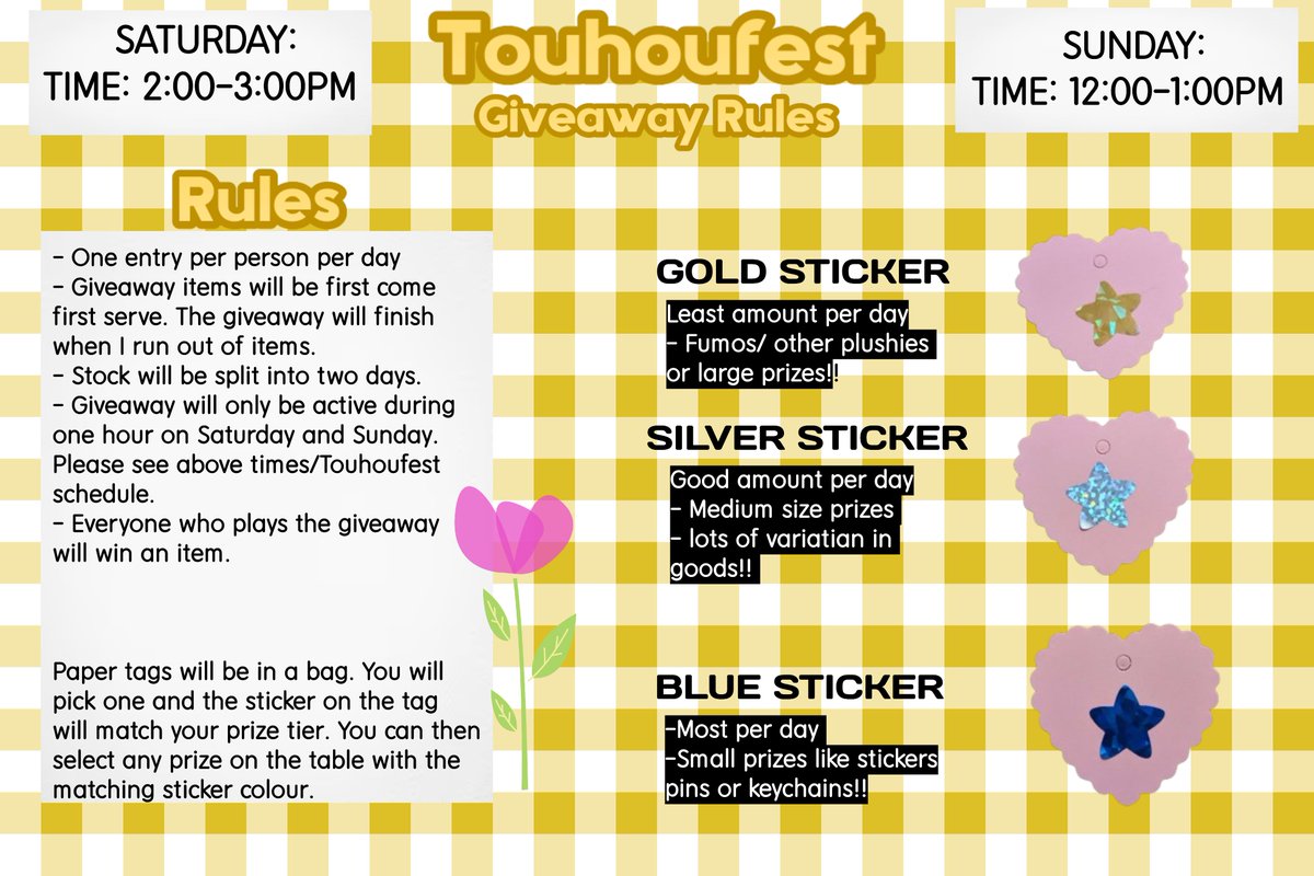 @TouhouFest is almost here!! ☺️💕 This thread is going to be full of information on some stuff I'll be doing at Touhoufest and where you can find me! ☺️ I'll be keeping this pinned until the event is over! Starting off with my giveaway rules and times each day!
