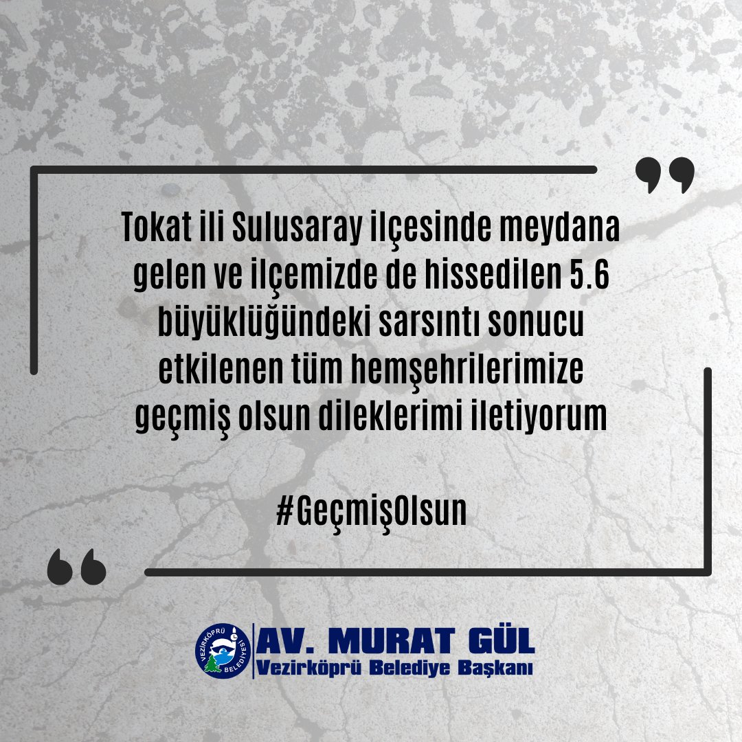 📣Tokat ili Sulusaray ilçesinde meydana gelen ve ilçemizde de hissedilen 5.6 büyüklüğündeki sarsıntı sonucu etkilenen tüm hemşehrilerimize geçmiş olsun dileklerimi iletiyorum.

#GeçmişOlsun