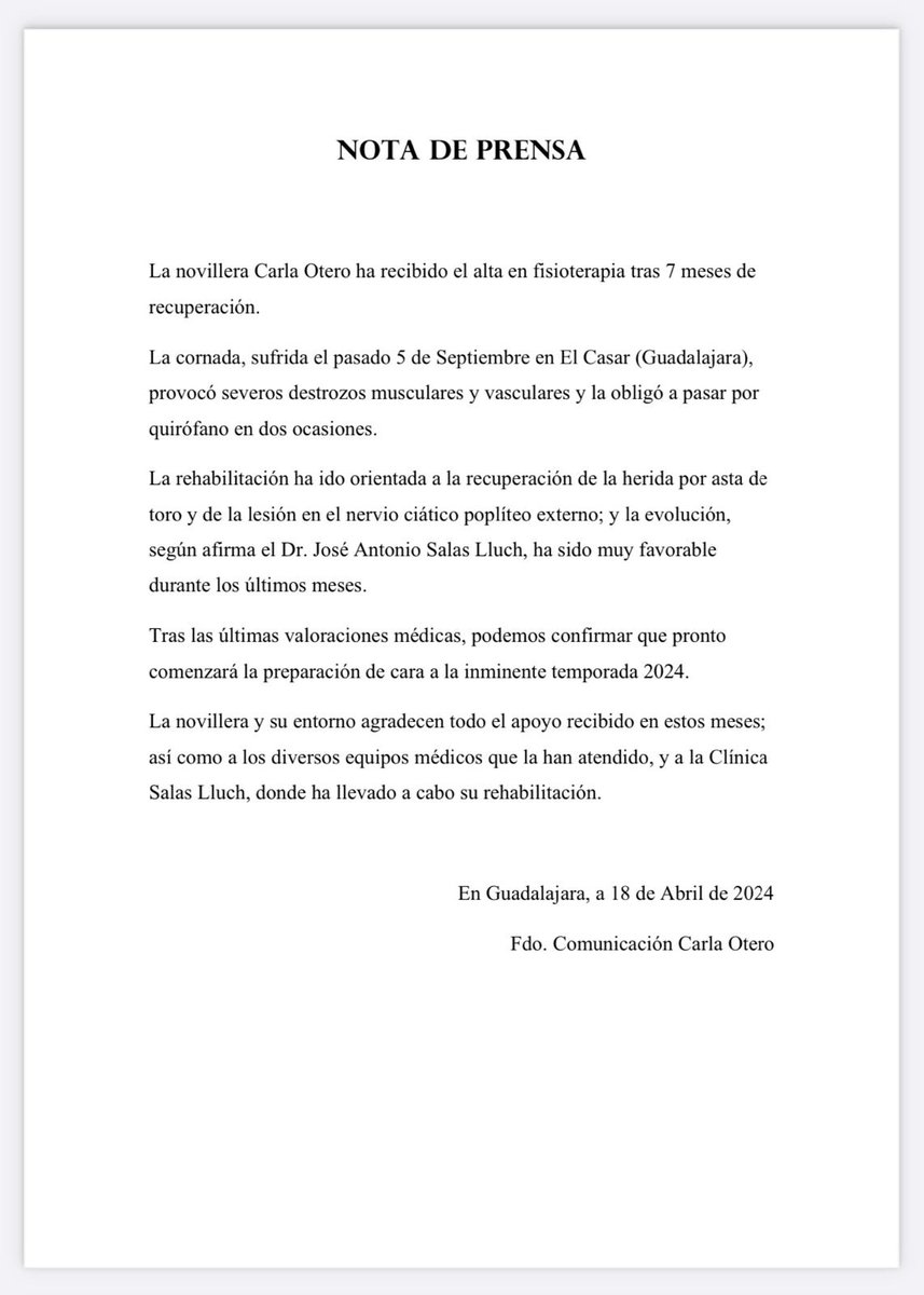 Después de siete meses (que se dice pronto) de recuperación y lucha, llegan las buenas noticias. Ahora entrenamiento duro y pronto al campo. Lo mejor sigue estando por llegar!!! ORGULLOSO de ti. #CarlaOtero