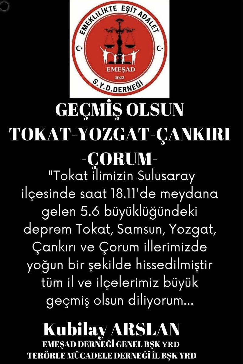 "Tokat ilimizin Sulusaray ilçesinde saat 18.11'de meydana gelen 5.6 büyüklüğündeki deprem Tokat, Samsun, Yozgat, Çankırı ve Çorum illerimizde yoğun bir şekilde hissedilmiştir tüm il ve ilçelerimiz büyük geçmiş olsun diliyorum…