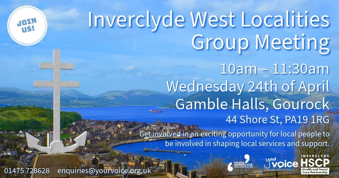 Inverclyde West Localities Group meeting is on Wednesday 24th of April 10am – 11:30am in the Gamble Halls, Gourock, 44 Shore St, PA19 1RG More information on localities can be found here: bit.ly/inverclydeloca… #Inverclyde #Gourock #YourSay
