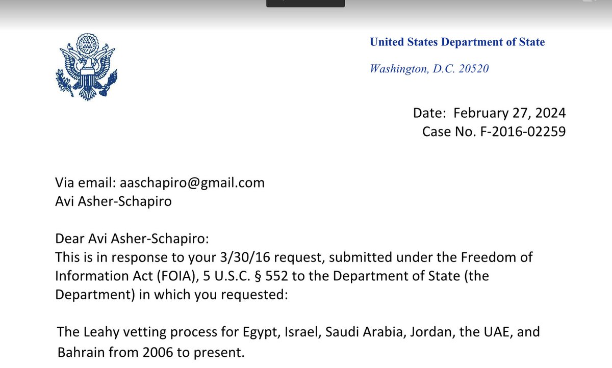 This a VERY rare peak behind the curtain as to how the proccess for human rights vetting actually happens - I have an outstanding FOIA request to State concerning how this proccess works among Middle East security partners overall. I sent it 8 years ago & still have 0 documents.