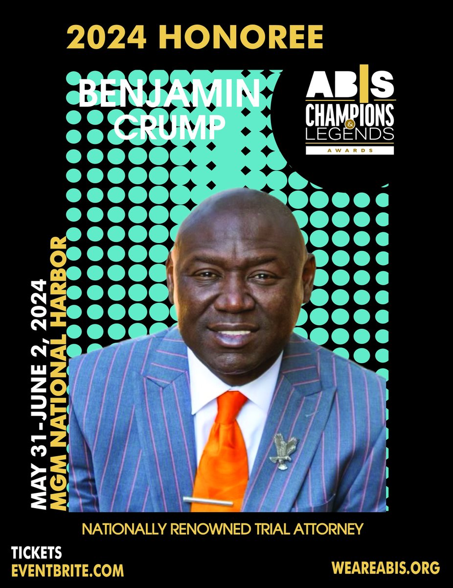 Attorney Benjamin Crump, consistently listed among America’s most influential people, has a steadfast dedication to justice & service. Mr. Crump has established himself as one of the nation’s foremost lawyers and advocates for social justice. #weareabis eventbrite.com/e/abis-champio…