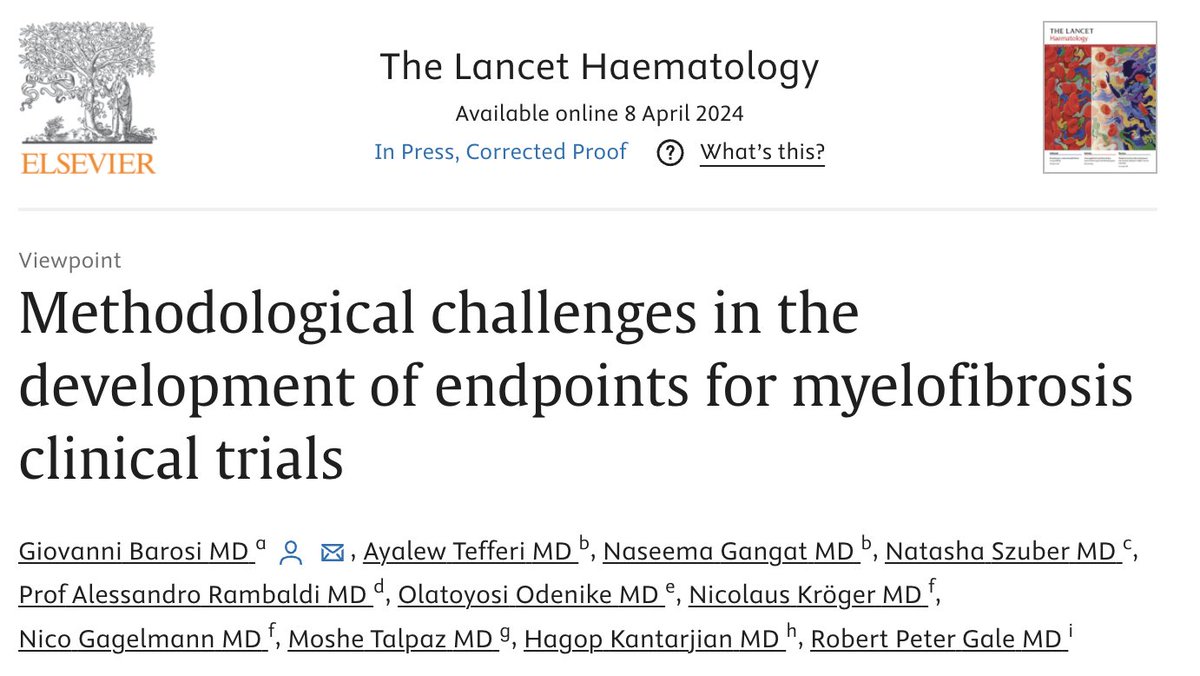 New publication in @TheLancetHaem with @myeloidmalig as co-author focused on clinical trial endpoints in myelofibrosis! pubmed.ncbi.nlm.nih.gov/38604205/