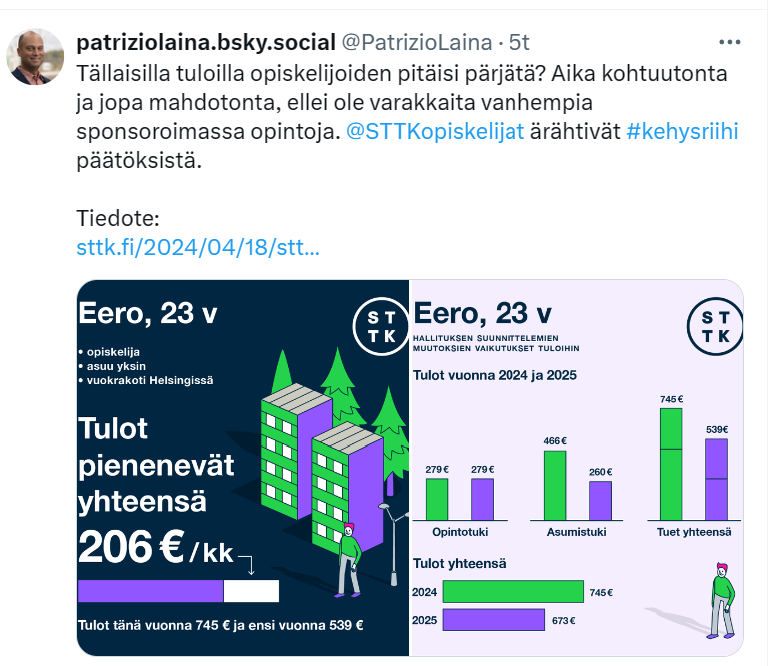 #Hallitus elää itse mielikuvituksensa tuottamassa lumemaailmassa, missä vanhemmat maksavat lastensa opiskelun, kaikilla auto, maaseudun vanhuksilla ystävällinen naapuri tai omainen, joka hänestä huolehtii, vie tarvittaessa 100km. päähän päivystykseen jne. #Orpo #leikkaukset