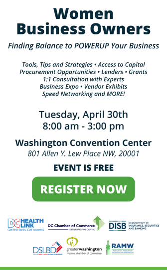 DCHealthLink's tweet photo. Women own 47.4% of businesses in DC➡️and the DC #SmallBusiness Summit & Expo is focusing on supporting women with:
✅Access to capital + funding sources
✅Specialty workshops/resources
✅Network building
#PowerUp4Success Tuesday, April 30
Register Now ➡️https://t.co/JnJuYkDcuG https://t.co/VJgKt2TapA