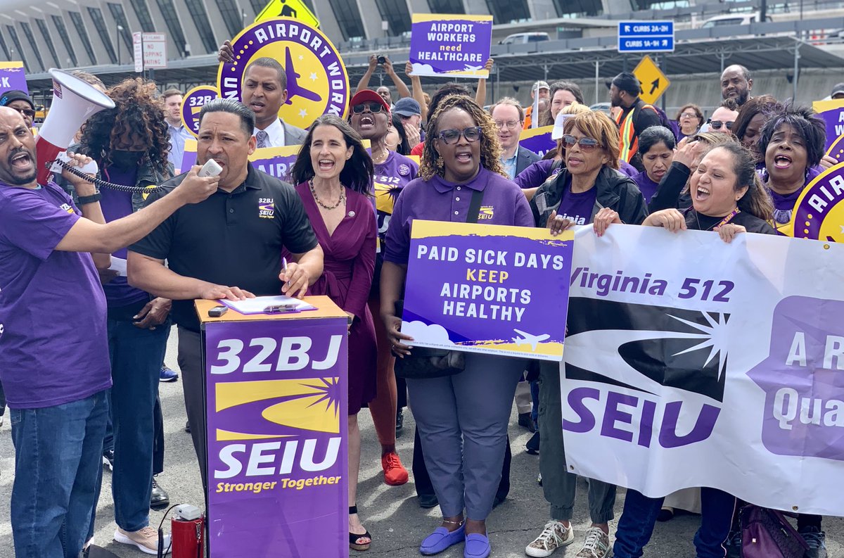 HAPPENING RIGHT NOW: Hundreds of union members, not-yet-union workers, community members, elected officials and #VA10 candidates are marching through @Dulles_Airport, demanding that @MWAAHQ guarantee paid leave and health care for all airport workers! #UnionsForAll