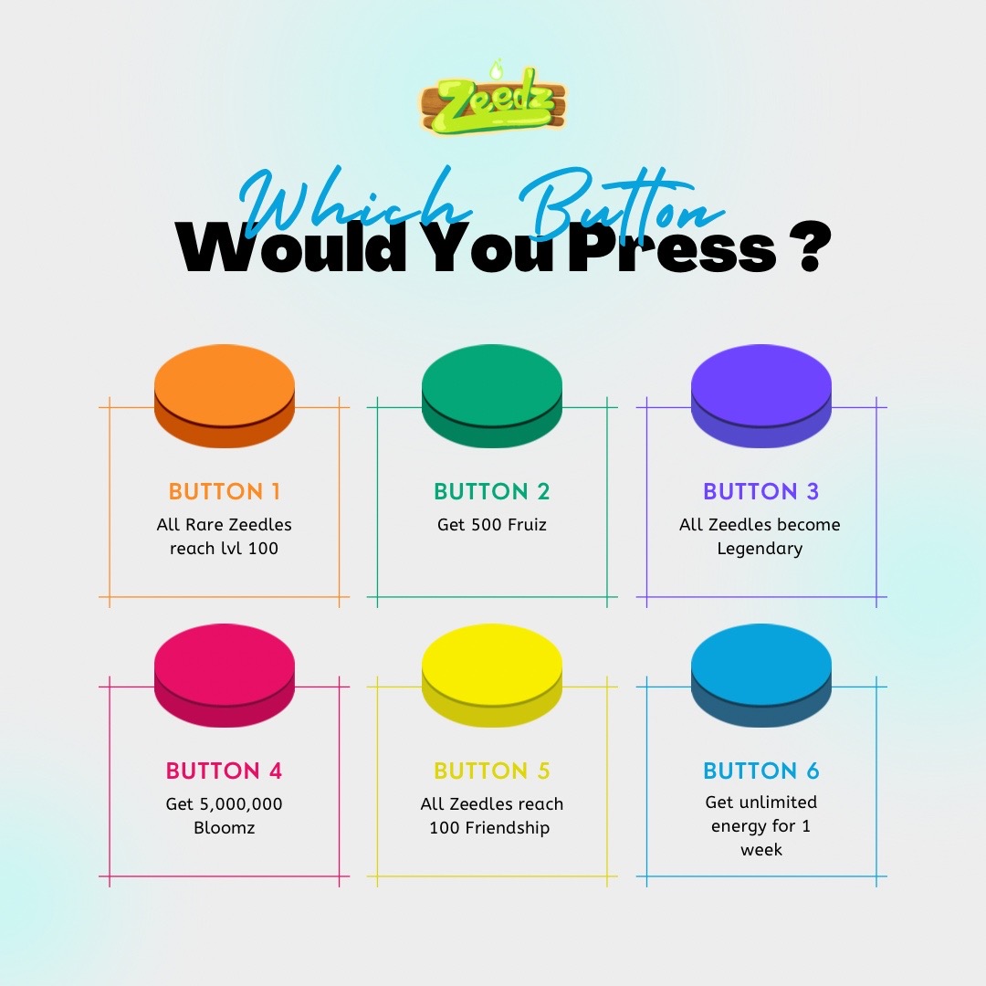 Which button would you press? 🤔 Join the fun with our 'Zeedz Edition'! Let us know your pick in the comments below! #Zeedz #ChooseWisely #Nft #web3gaming