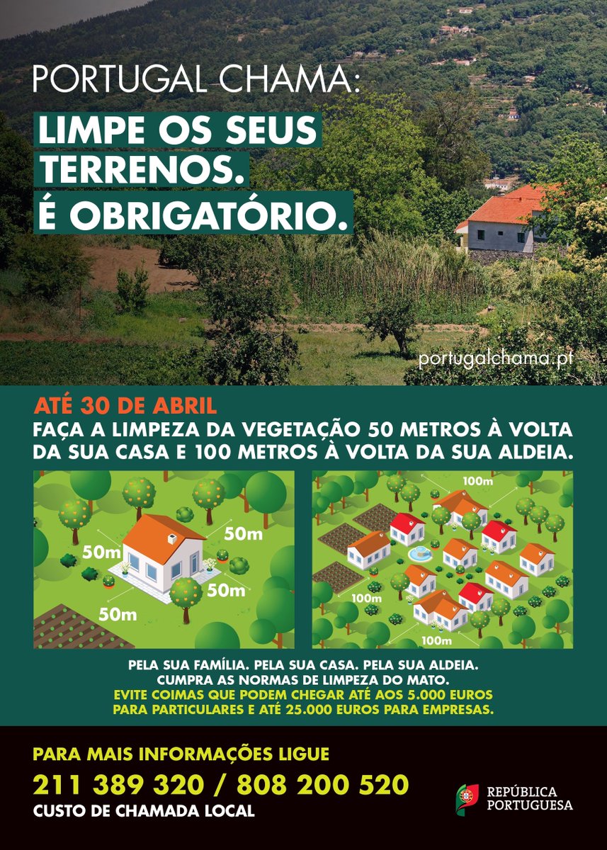 O prazo para limpeza de terrenos termina a 30 de abril. Esta é uma medida fundamental para reduzir o risco de incêndios rurais. A @GNRepublicana coloca ao dispor a linha Sos Ambiente e Território: 808200250.