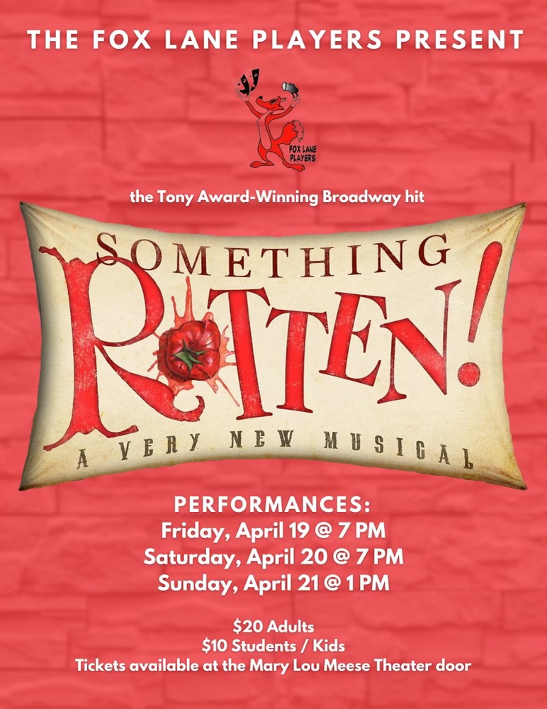 BCSDNOTES's tweet photo. THIS WEEKEND! The Fox Lane Players present, Something Rotten, The Musical.

Performances:
Friday, April 19, 2023 - 7 PM
Saturday, April 20, 2023 - 7 PM
Sunday, April 21, 2023 - 1 PM
$20 Adults // $10 Students / Kids
Tickets available at the door. https://t.co/PkYGBAw5EF