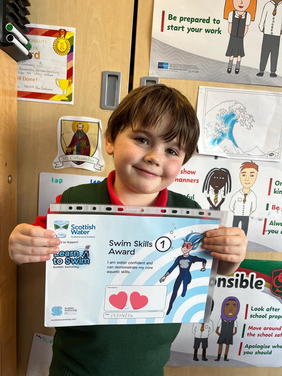 Well done to J in P3 who has moved up a level in swimming 🏊‍♂️ 👏🏻