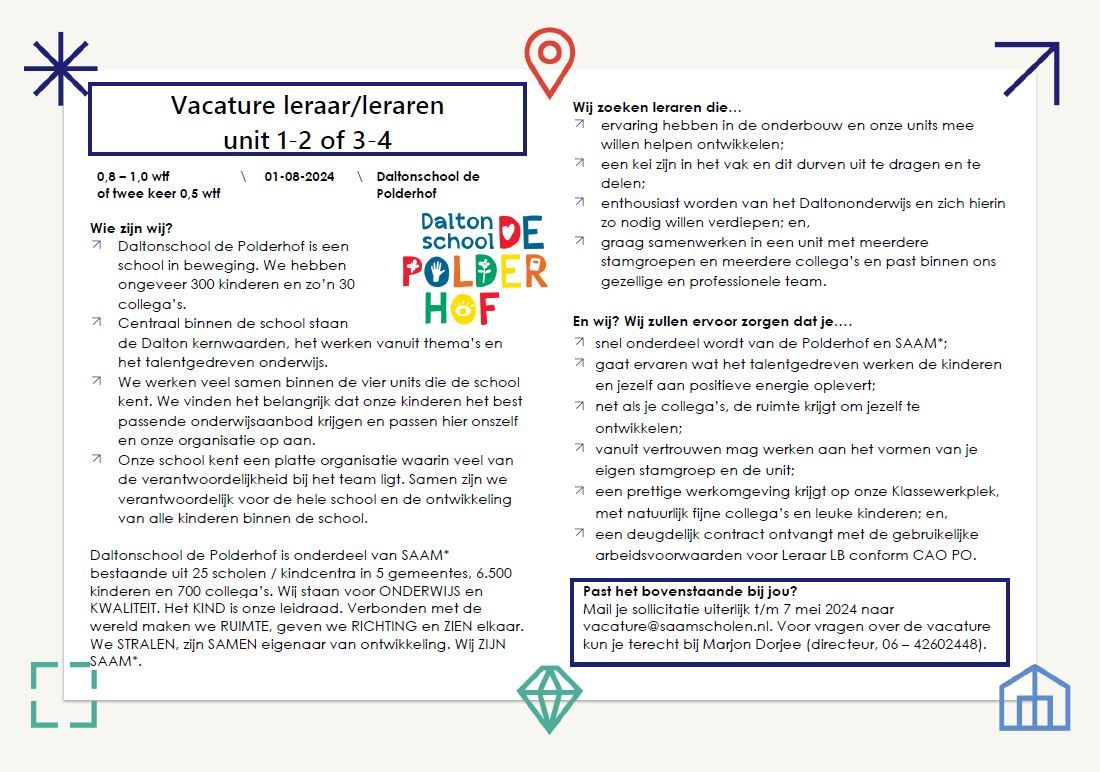 🚨 𝘿𝙖𝙡𝙩𝙤𝙣𝙨𝙘𝙝𝙤𝙤𝙡 𝘿𝙚 𝙋𝙤𝙡𝙙𝙚𝙧𝙝𝙤𝙛 𝙯𝙤𝙚𝙠𝙩 𝙘𝙤𝙡𝙡𝙚𝙜𝙖! 🚨 Wij zoeken een nieuwe collega op een van onze Daltonscholen. Ben jij de collega waar wij naar opzoek zijn? Check dan de 🔗 in de bio! #SAAM #vacature #PO #OSS