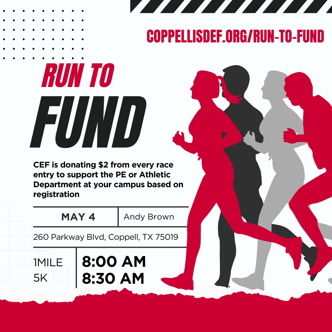 CEF is donating $2 from every entry to support PE/Athletics at YOUR campus! 5k, 1-mile Family Fun Run, or the 'Sleep In' option, there's something for everyone! Deadline for guaranteed T-shirt: April 21st. Price increase on May 1st. Register now: runsignup.com/Race/TX/Coppel…