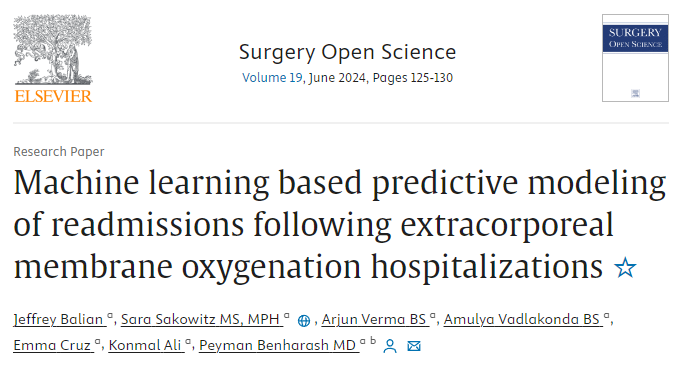 Our latest #publication in @SurgeryOpen: J Balian, @SaraSakowitz, @arjun_ver &team apply #machinelearning to develop predictive models for readmission following #ECMO 🫀 🫁 Read the paper here 👇 sciencedirect.com/science/articl… @dgsomucla @UCLAHealth #ExtracorporealMembraneOyxgenation