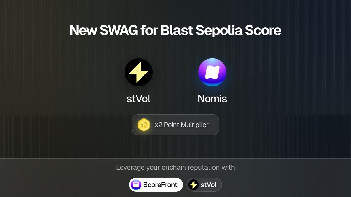 0xNomis's tweet photo. π’ Explore Simple, Fast & Ultra High Leverage on @Blast_L2 with @stvol_official
ποΈ Discover x2 Rewarding Experiences on #ScoreFront with Nomis π https://t.co/YxVOdkhvDO
1/ Meet x2 Points Multiplier on ScoreFront! Dive into the π§΅ for more offer details! https://t.co/VEmwhYD7LG