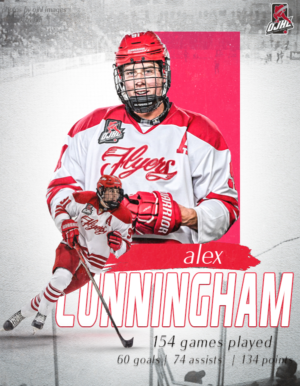 Join us as we begin to celebrate our graduating players from the last season. These 3 led by example, came home to end their Junior career with their hometown team. They helped to create history and a new era for the Flyers. Let's hear it for number 91 Alex Cunningham!