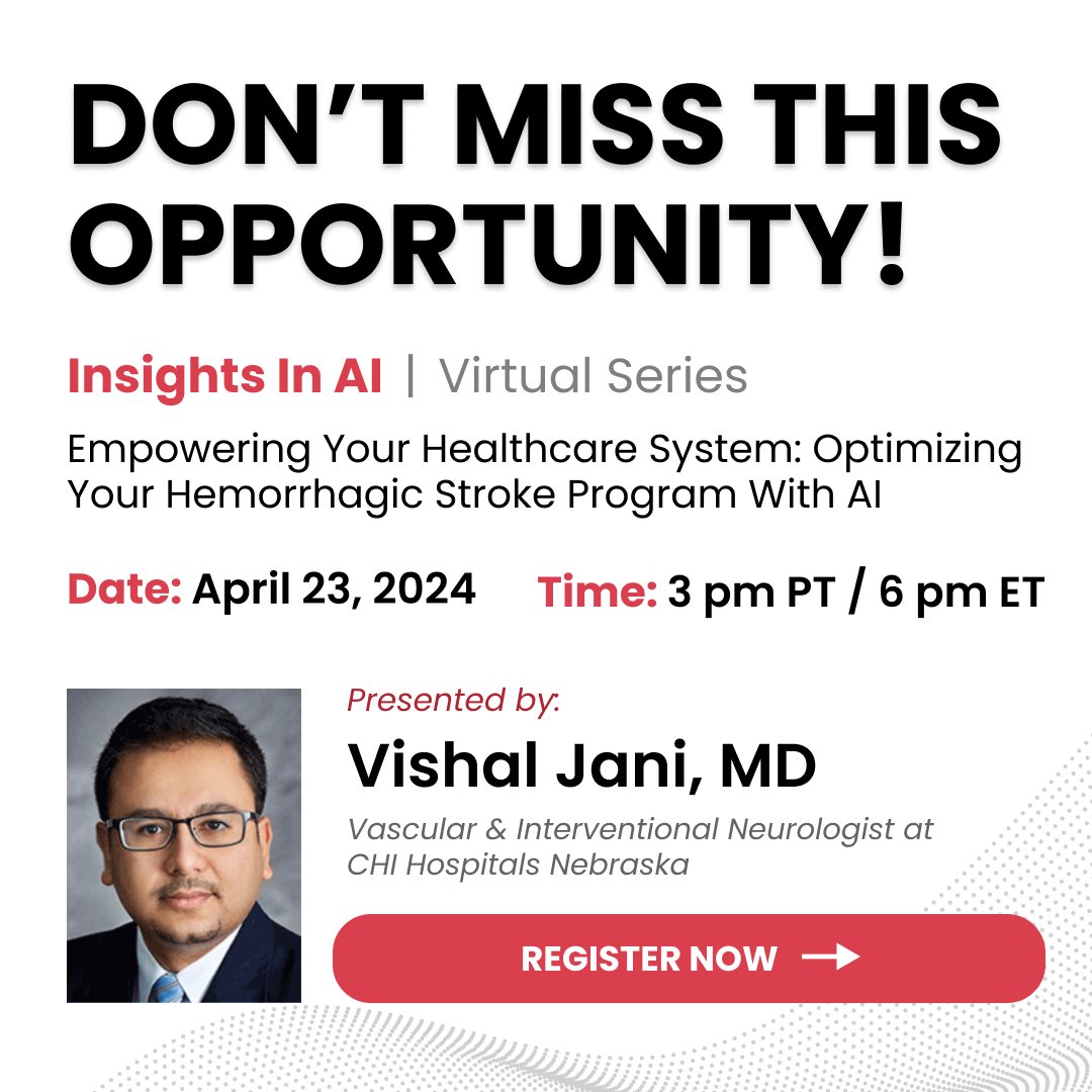 A knowledge-sharing opportunity you won’t want to miss.

Join Dr. Vishal Jani for real-world data + proven approaches for using #AI to optimize your hemorrhagic #stroke program.

Register for the first in our Insights in AI | Virtual Series on April 23rd: shorturl.at/dnJQ9