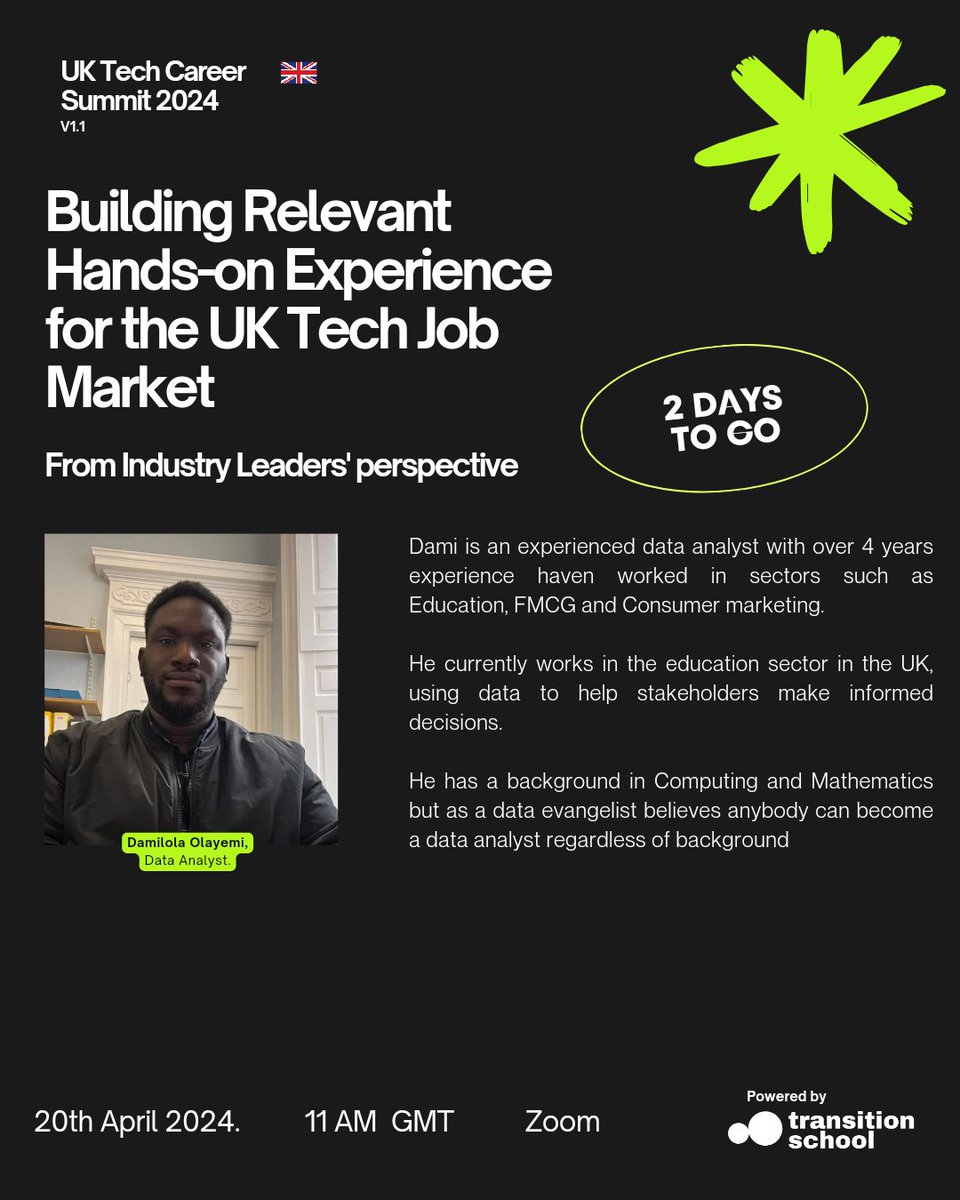 We're 2 days away from the UK Tech Career Summit V1.1!💥🥳

Don't miss the interesting lineup of events we have for you.

summit.uktechcareer.com

Click the link above to register.

#tech #techsummit
#techie #transitionschool #techtransition #uktech #uk