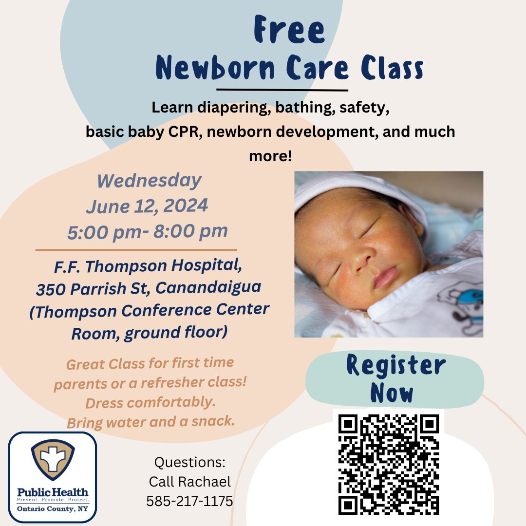 Ontario County Public Health is announcing our first Newborn Care Class starting on Wednesday June 12, 2024. Basic infant CPR will be included in our class, but no certifications will be awarded. Registration link: ontariocountyny.gov/Activities/Act… #OntarioCountyPublicHealth