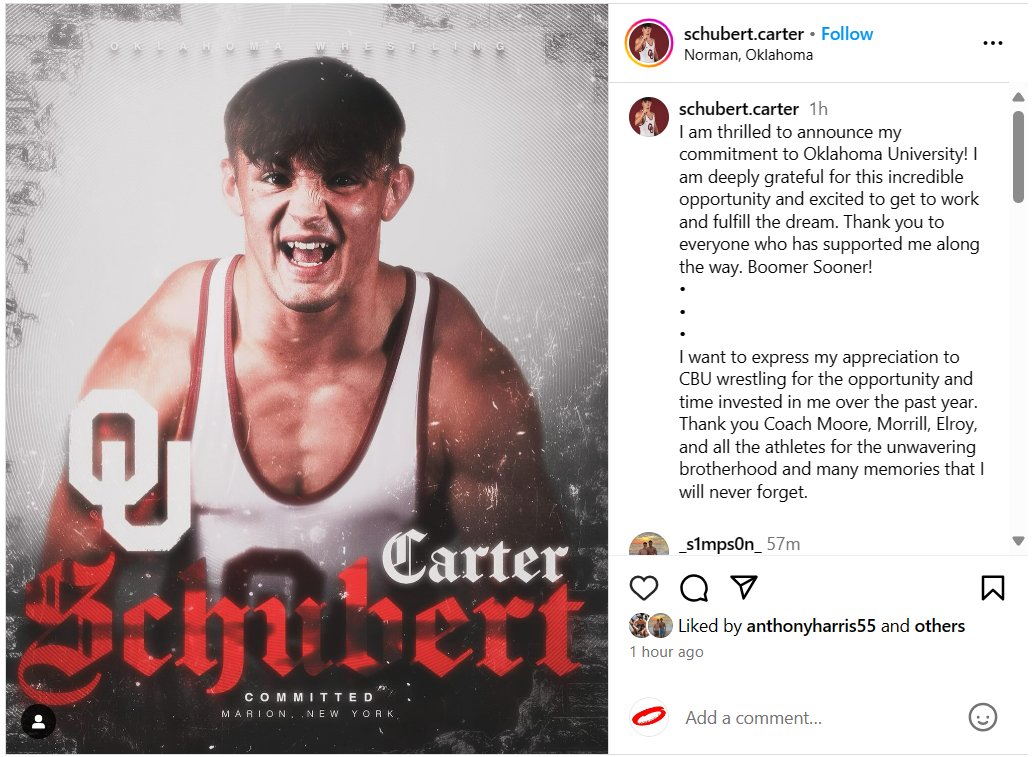 The #Sooners picked up a commitment from <a href="/CarterSchubert4/">Carter Schubert</a> today out of the transfer portal. Wrestled in high school at Wyoming Seminary, originally from New York. Wrestled his freshman season at California Baptist.