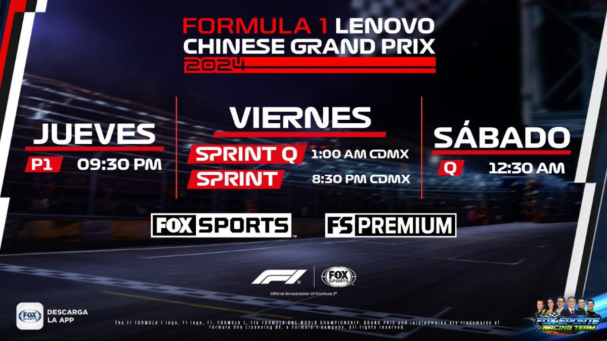 ¡Esta noche despierta el dragón!🐉 Te esperamos en el Formula 1®️ Gran Premio de China 🏁🇨🇳 Jueves 9:30 PM CDMX: Práctica 1 Viernes 1AM CDMX: Clasificación Sprint 8:30PM CDMX: Carrera Sprint Sábado 12:30AM CDMX: Clasificación #F1xFSMX en vivo y en exclusiva en @FOXSportsMX y…