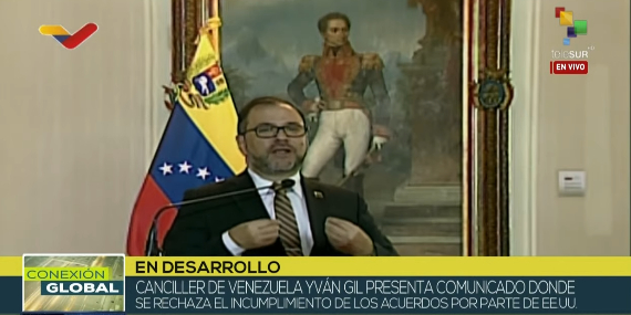 #ENVIVO | @yvangil, canciller de #Venezuela presenta comunicado de rechazo al incumplimiento de acuerdos por parte de EE.UU. Síguelo aquí ▶️ bit.ly/teleSUR