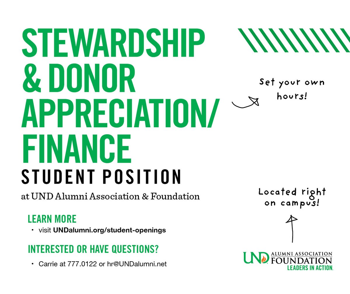 We are hiring a Stewardship & Donor Appreciation/Finance Intern! 🙌 Students can learn more information and apply at UNDalumni.org/student-openin…. #UNDproud