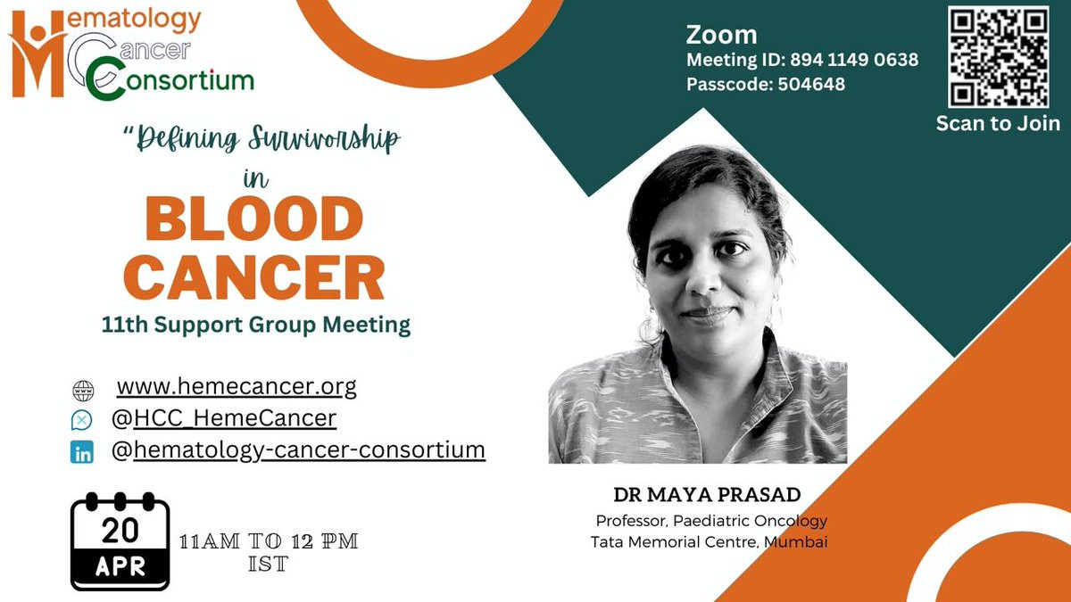 📢Announcing HCC's 11th Support Group Meeting themed "Survivorship" on April 20, 2024, 11:00 AM -12.00 PM IST.  Please like &amp; RT for the benefit of pts and caregivers in your network. Joining details below 👇
<a href="/TataMemorial/">Tata Memorial Hospital</a> Dr Maya Prasad